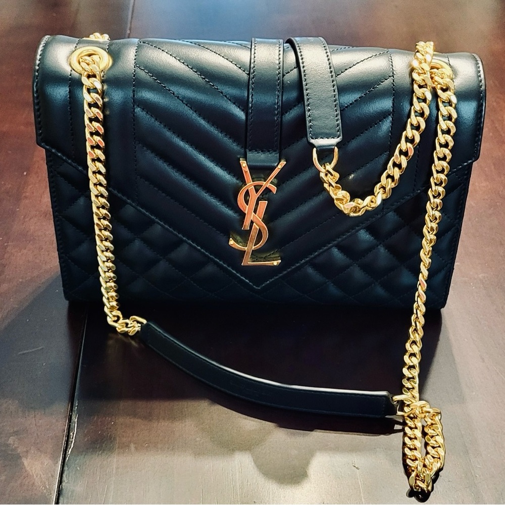 Yves Saint Laurent Black Leather Bag with Gold Chain